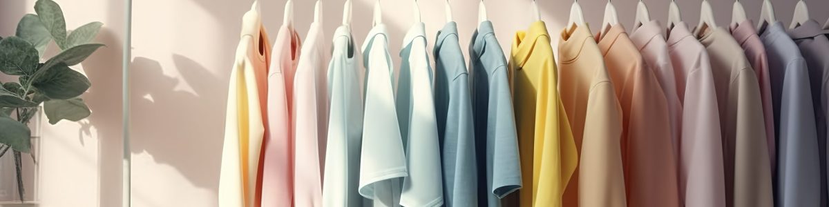Colourful clothes on clothing rack, pastel colorful closet in shopping store or bedroom. Rainbow color clothes choice on hangers, home wardrobe concept. AI generated image